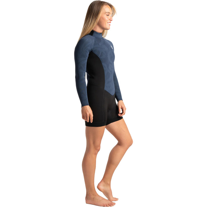 2024 C-Skins Womens Solace 3/2mm Long Sleeve Back Zip Shorty Wetsuit C-SO32BLSP - Black / Bluestone Tropical / Saffron